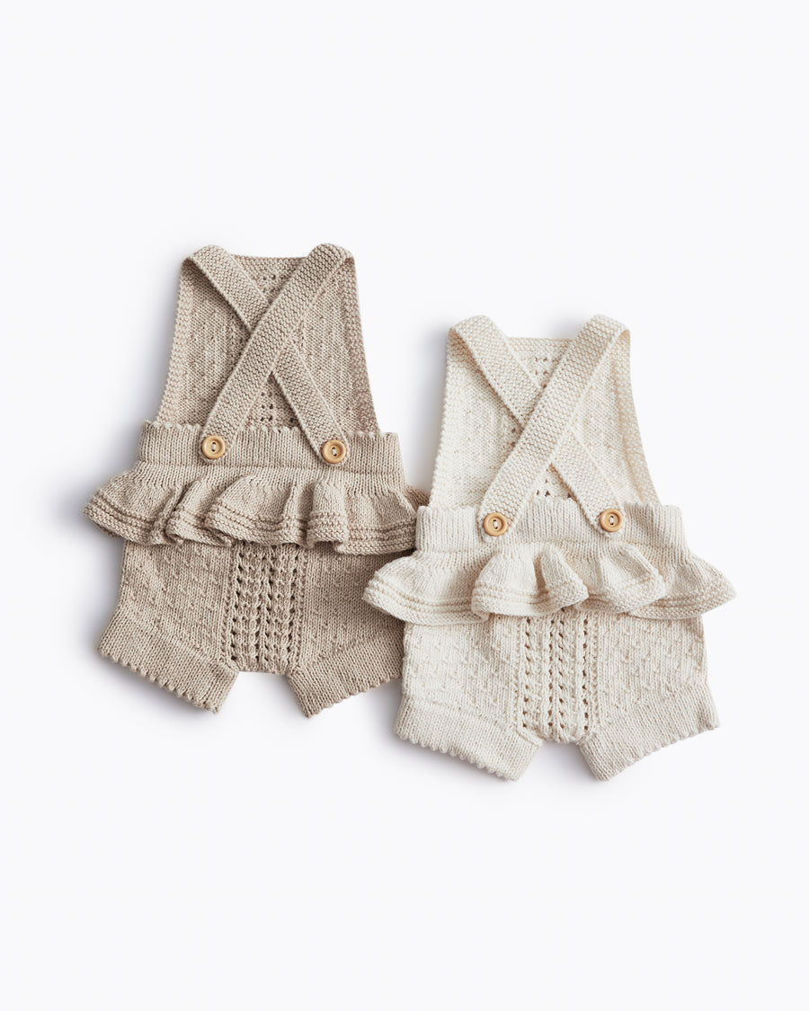 brown and cream baby knit heirloom lacy rompers
