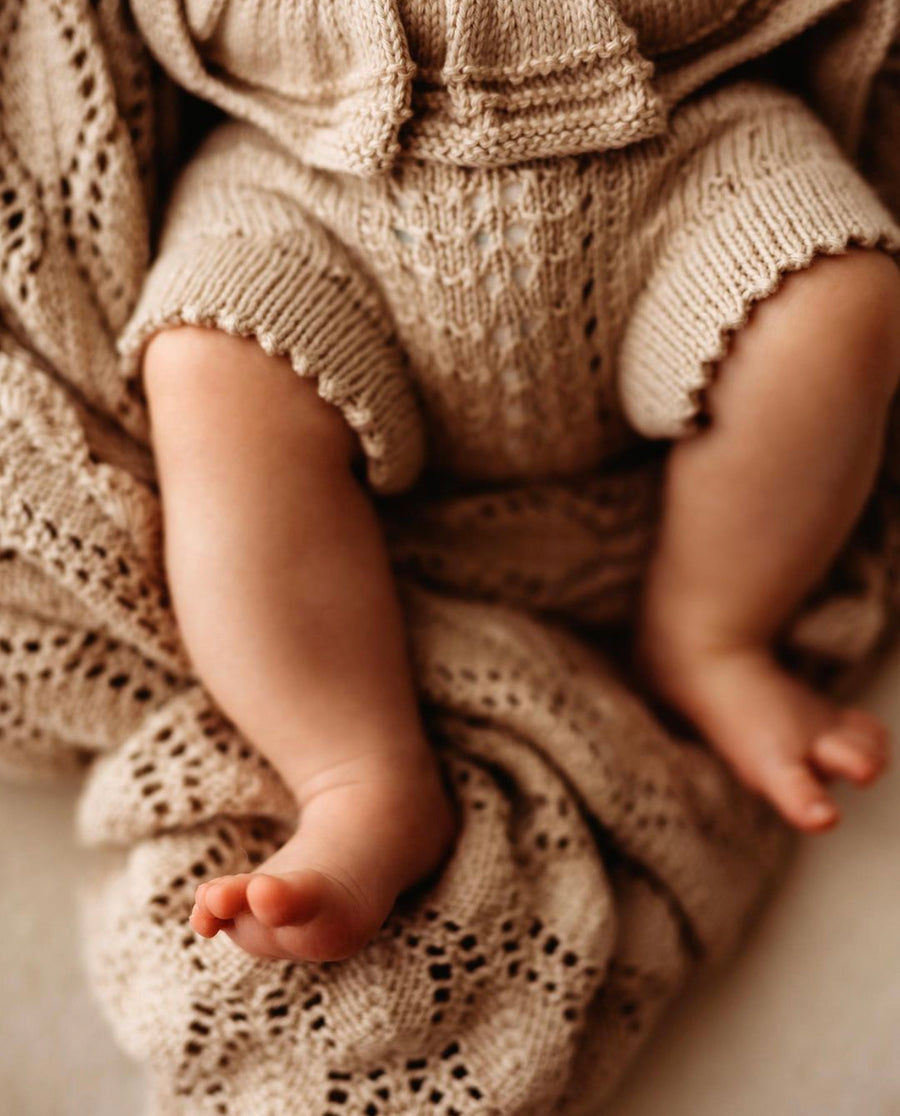 baby lace knit romper and heirloom knit blanket for newborns