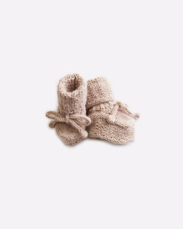 Dune coloured sandy brown hand knit baby booties in alpaca