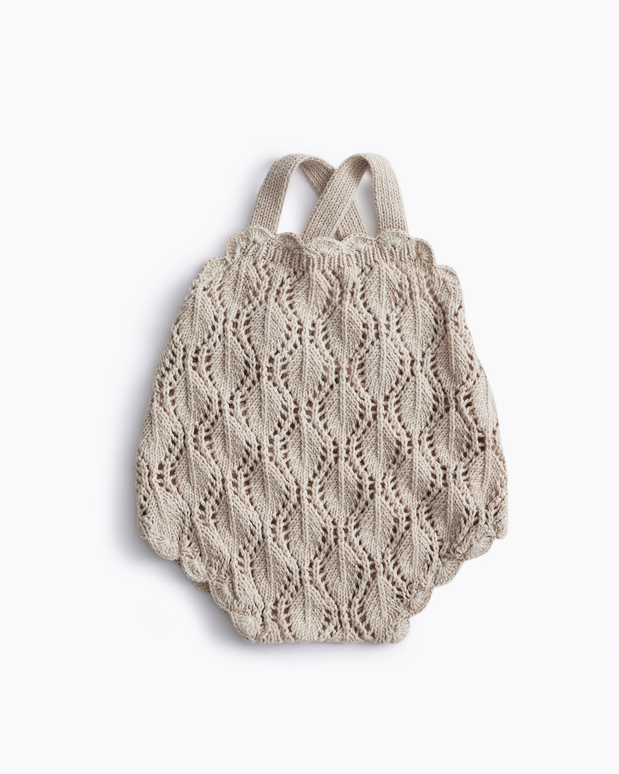 Newborn baby heirloom knit romper lacy onesie hand made in organic cotton
