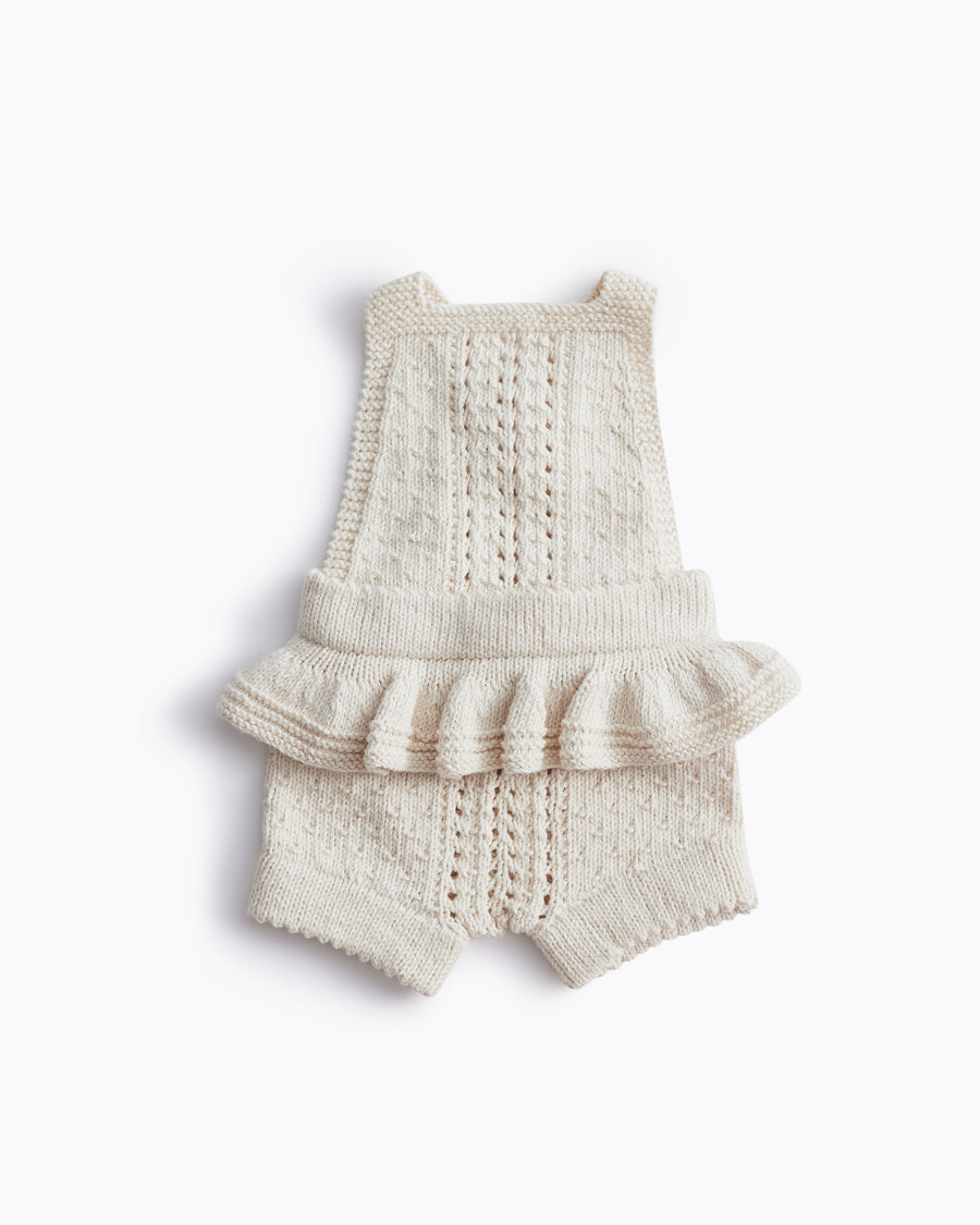 hand knit frilly girl heirloom romper in cloud cream colour