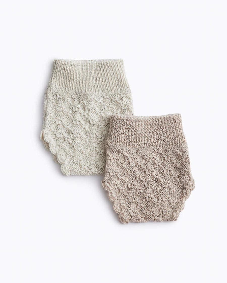 neutral hand knit baby bloomers in alpaca