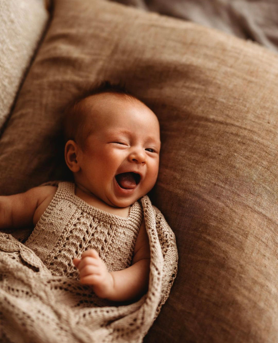 neutral heirloom baby romper hand knit in cotton